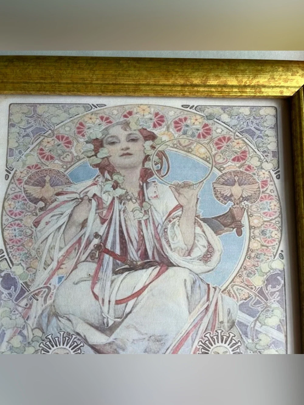 Vintage Mixed Matls Wood & Ceramic Frames w/ Fine Art Prints-Set of 2